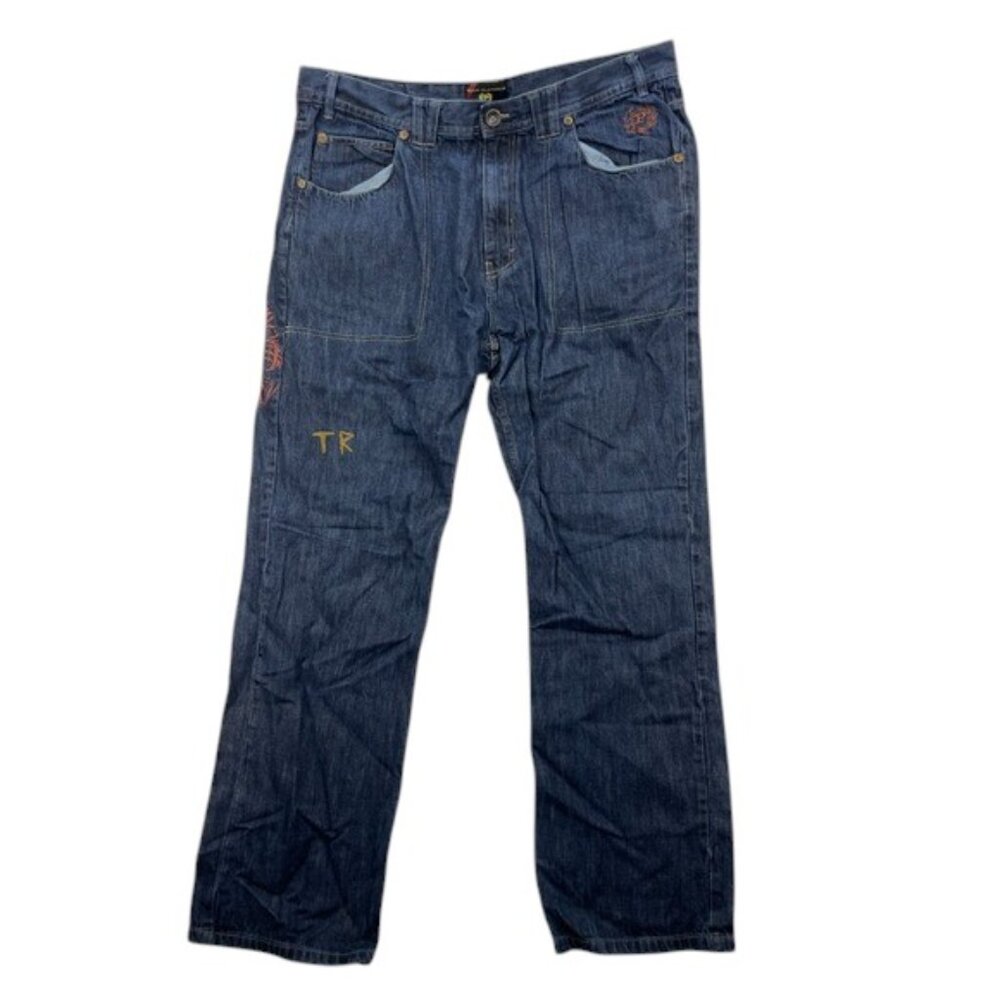 Phat Farm Embroidered Jeans‎ Men’s 40x34 Dark Wash Tribal Patch Loose Fit Denim